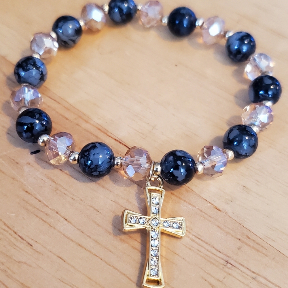 Genuune Blue Stone Beaded Bracelet with Gold Tone Cross Charm - Picture 4 of 5